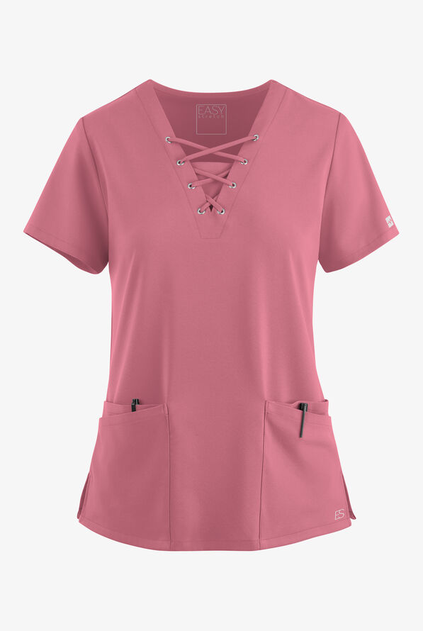 Easy STRETCH Gisele Women's 4-Pocket Lace Up V-Neck Scrub Top - Tea Rose - 1