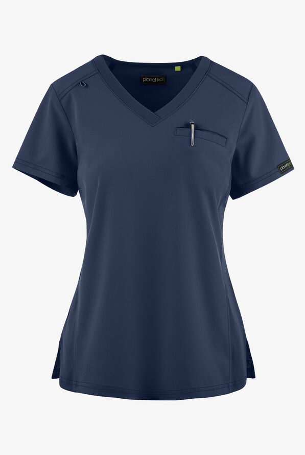 Planet koi Renew Women's 1-Pocket V-Neck STRETCH Tuck In Scrub Top - Navy - 1