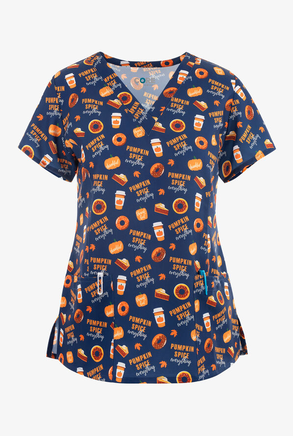 UA Exclusive Maevn Pumpkin Spice Treats Women's 3-Pocket V-Neck Print Scrub Top - null - 1