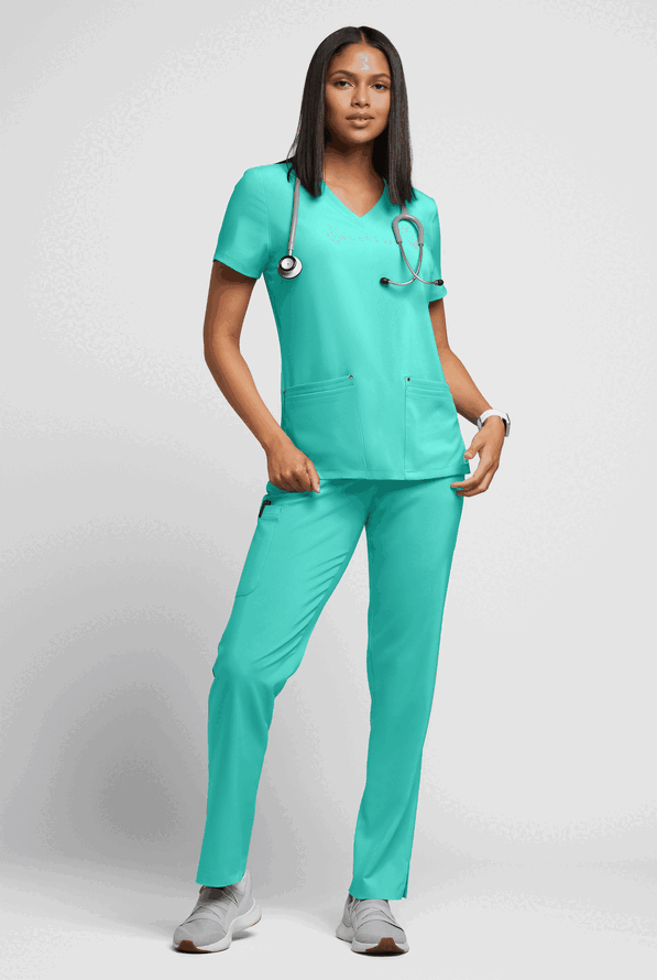 Easy STRETCH Lina Mitered Women's 4-Pocket V-Neck Scrub Top - Aqua Dust - 4