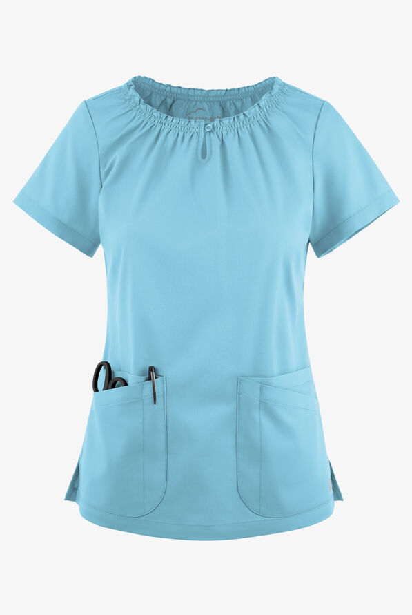 Blusa médica UA Butter-Soft STRETCH estilo campesina con mangas cortas y 6 bolsillos para mujer - Poolside View - 1