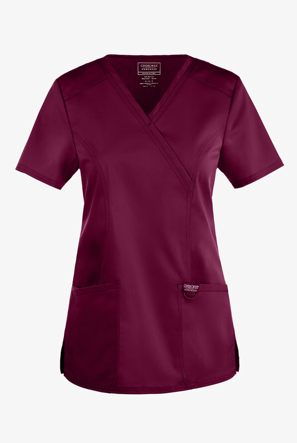 Cherokee Workwear Revolution Women's 2-Pocket STRETCH Mock Wrap Scrub Top - Wine - 1