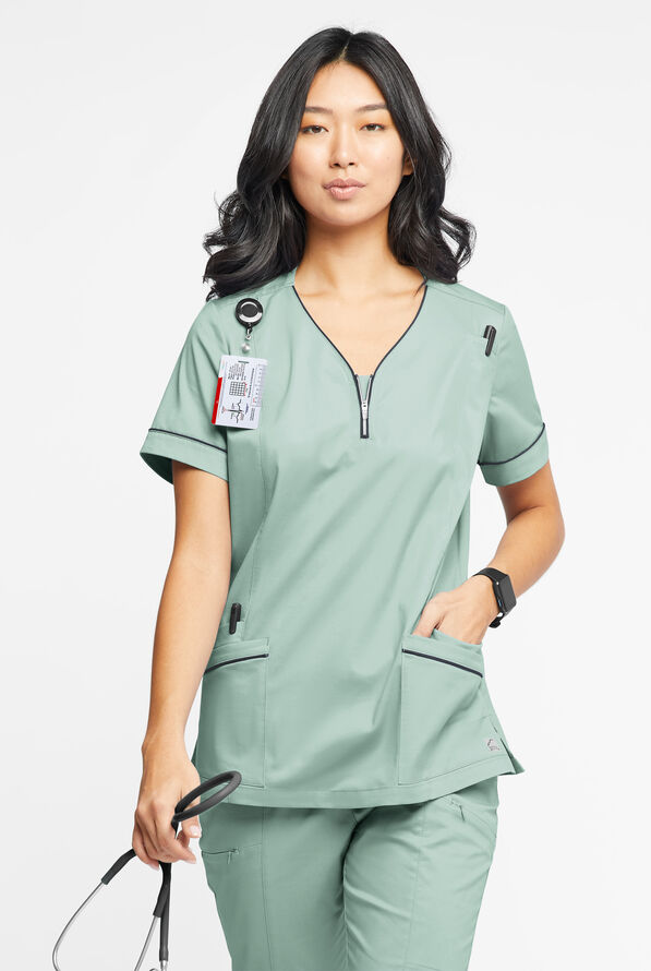 Butter-Soft STRETCH Women's 5-Pocket V-Neck with Front Zipper Scrub Top - Eucalyptus Leaf/Pewter - 2