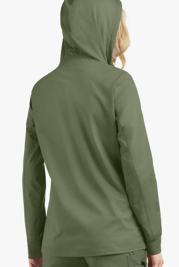 Butter-Soft STRETCH Women's 3-Pocket Zip-Front with Cozy Knit Hood and Trim Scrub Jacket - Light Olive - 4