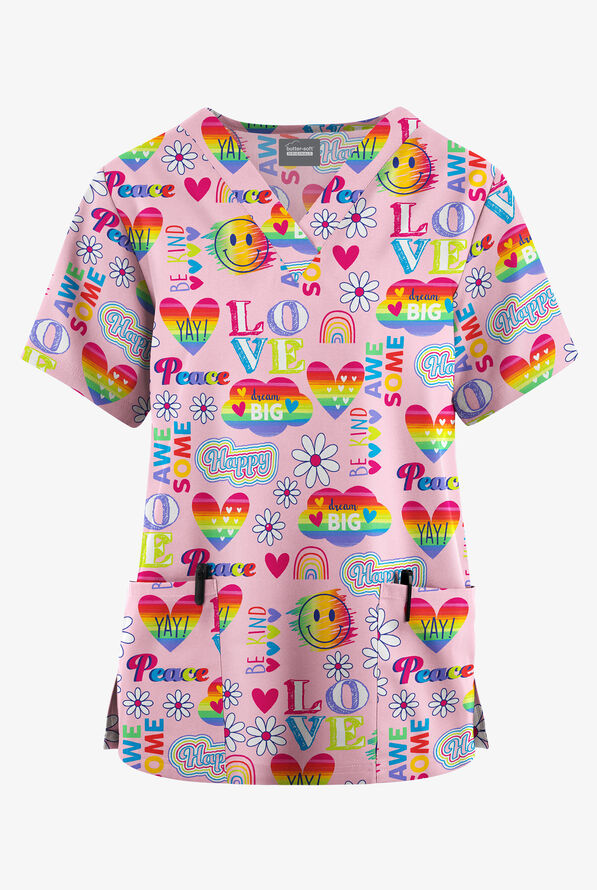 Blusa m&eacute;dica estampada Butter-Soft Originals Good Vibes Only Fuchsia con cuello en V y 2 bolsillos para mujer - null - 1