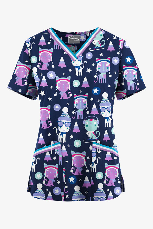 Blusa médica estampada UA Butter-Soft STRETCH Christmas Kitties Navy con cuello en V y 3 bolsillos para mujer - null - 1