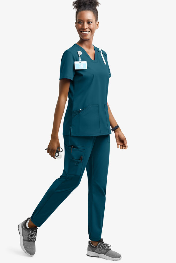 UA Exclusive Cherokee Workwear Professionals Active Women's 6-Pocket STRETCH Half Jogger Scrub Pants - Petite - Caribbean Blue - 2