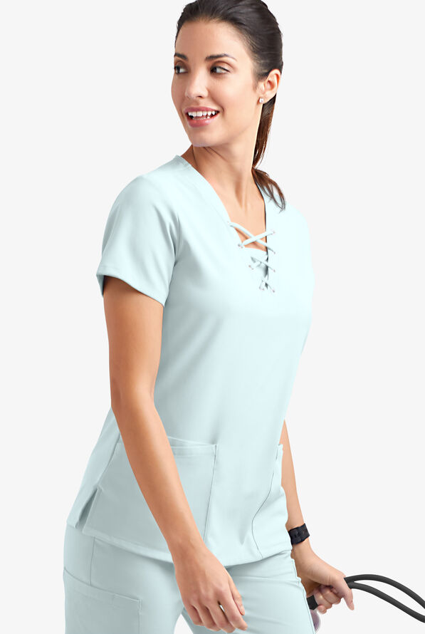 Easy STRETCH Gisele Women's 4-Pocket Lace Up V-Neck Scrub Top - Blue Frost - 3