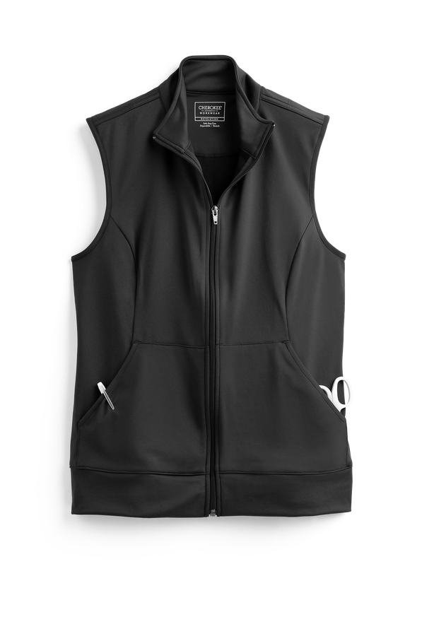 Cherokee Workwear Revolution Women's 3-Pocket STRETCH Fleece Inner Zip Front Scrub Vest - Black - 1