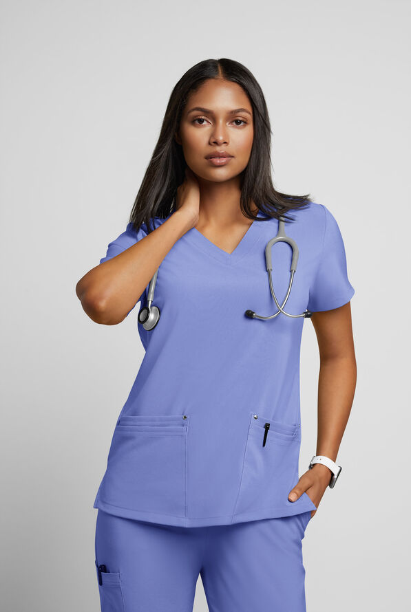 Easy STRETCH Lina Mitered Women's 4-Pocket V-Neck Scrub Top - Ceil Blue - 2