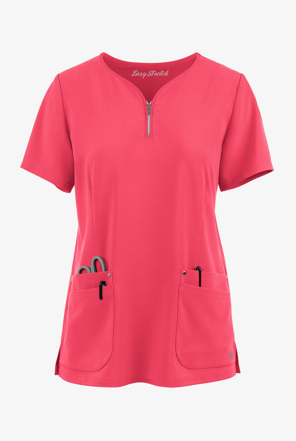 Blusa m&eacute;dica Easy STRETCH Arianna con cuello curvo y 4 bolsillos para mujer - Bright Watermelon - 1
