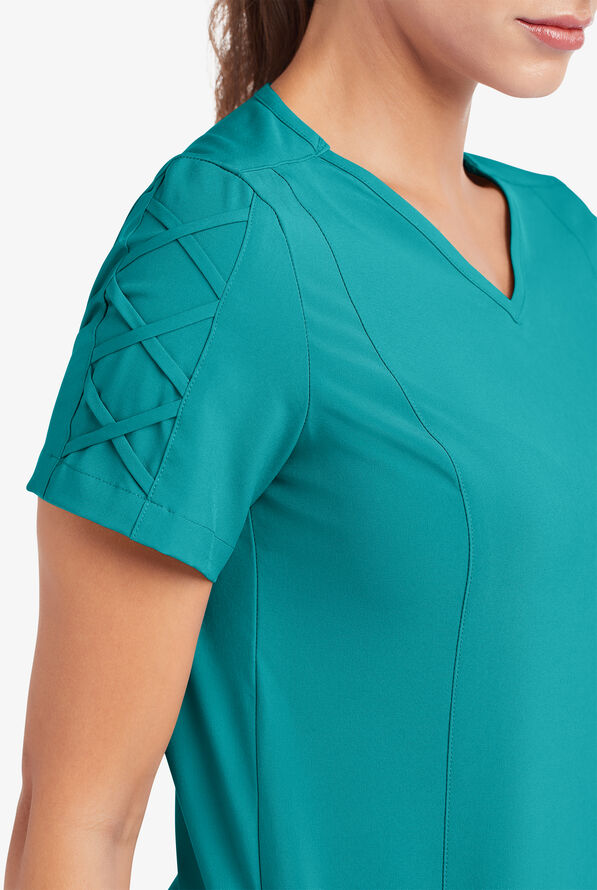 Easy STRETCH Kylie Woman's 5 Pocket V-Neck With Criss-Cross Detail Scrub Top - Teal - 6
