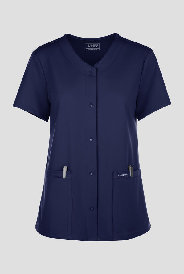 Cherokee Workwear Originals Ultra Women's 2-Pocket Snap Front V- Neck Scrub Top - Navy - 1
