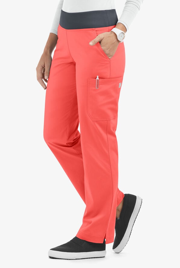Butter-Soft STRETCH Women's 4-Pocket Knit Waistband Yoga Scrub Pants - Canyon Coral/Pewter - 1