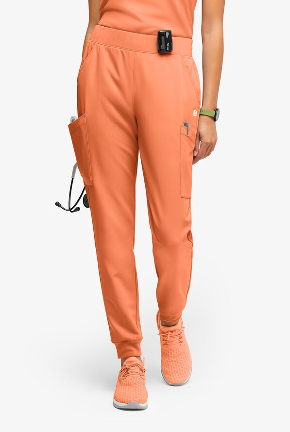 ReSurge Amber Women's Modern 7-Pocket Flat Front Slim Leg Jogger Scrub Pants - Petite - Coral Haze - 1