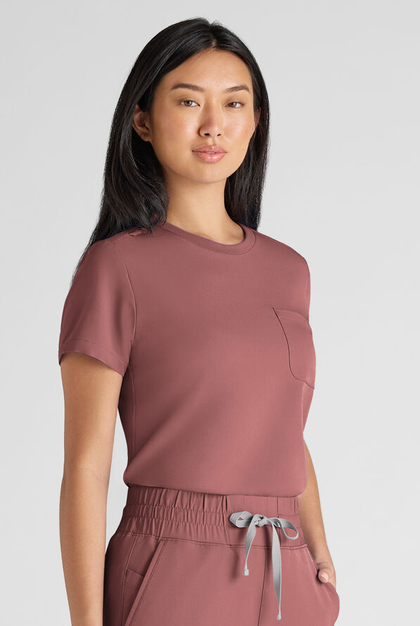 ReSurge Citrine Women's 1-Pocket Crew Neck Tuck In / Wear Out Scrub Top - Soft Chestnut - 1