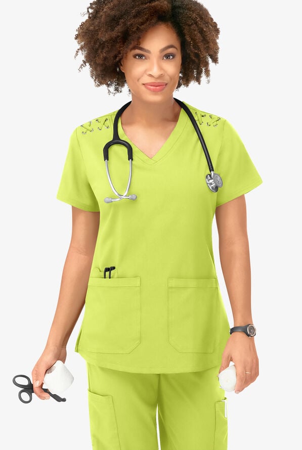 Easy STRETCH Leila Women's 3-Pocket Lace Up Grommet Scrub Top - Fresh Lime - 5
