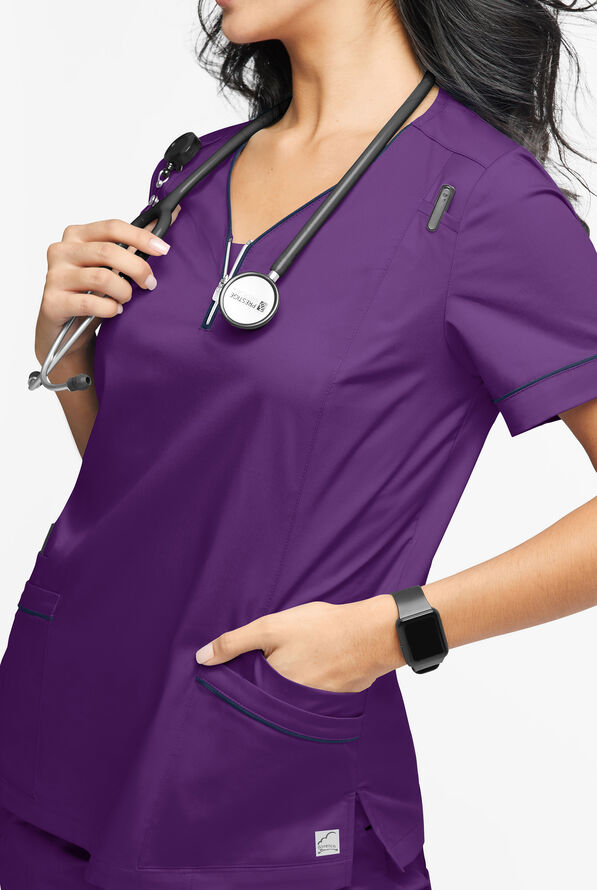 Butter-Soft STRETCH Women's 5-Pocket V-Neck with Front Zipper Scrub Top - Eggplant/Navy - 3