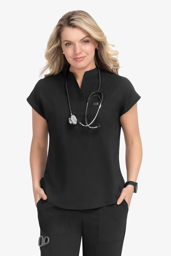 koi Basics Ari Women's 1-Pocket STRETCH Dolman Sleeve Mandarin Collar Scrub Top - Black - 2
