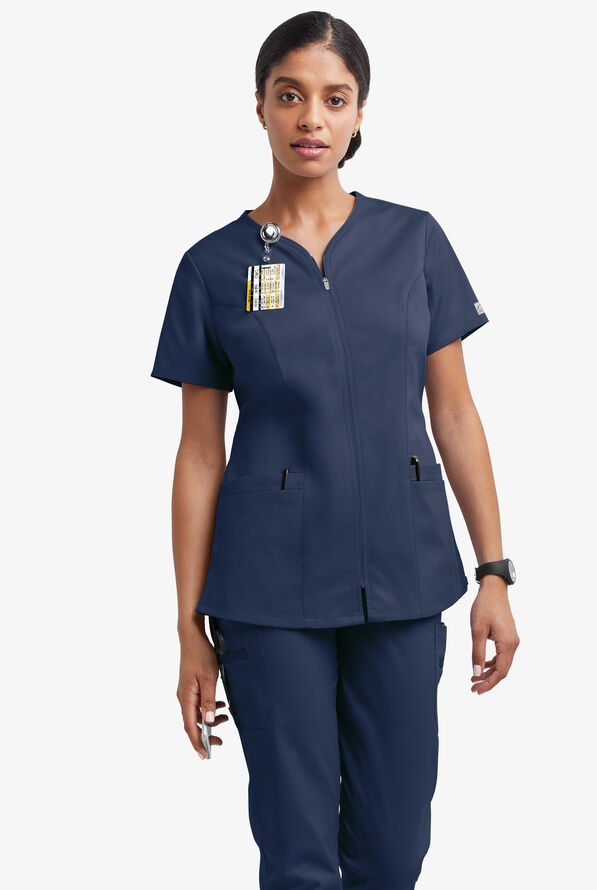Butter-Soft STRETCH Women's 4-Pocket Smooth Face Zipper Scrub Top - Navy - 2