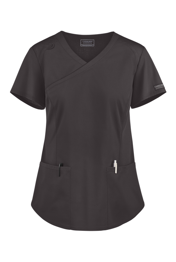 UA Exclusive Cherokee Workwear Professionals Active Women's 2-Pocket STRETCH Mock Wrap Scrub Top - Pewter - 1
