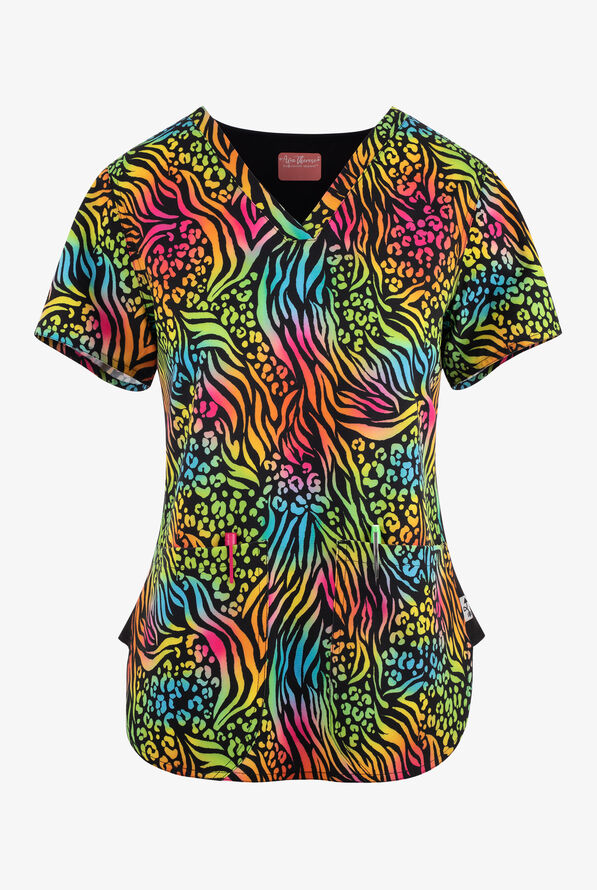 Zavate Ava Therese Bold Moves Animal Women's 2-Pocket STRETCH V-Neck Print Scrub Top - null - 1