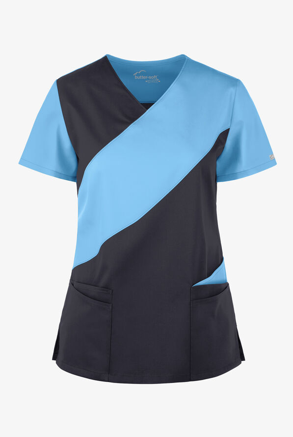 Butter-Soft STRETCH Women's 5-Pocket Asymmetric Scrub Top - Pewter/Blue Oasis - 1