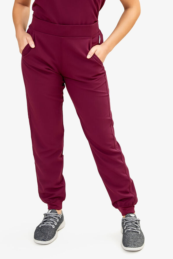 Keswi Women's 5-Pocket Flat Front Jogger Scrub Pants - Petite - Wine - 1