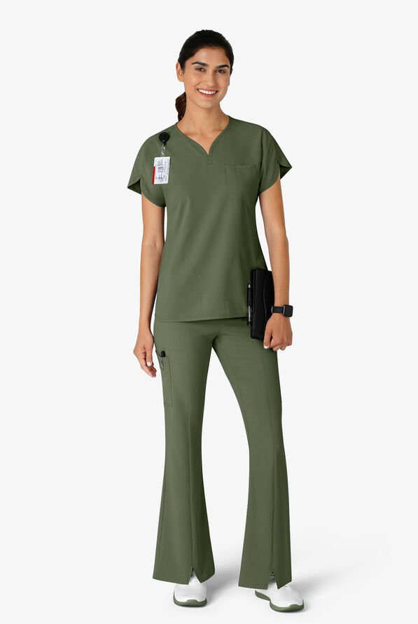 Wink Renew Women's 7-Pocket STRETCH Yoga Waist Flare Notch Leg Cargo Scrub Pants - Olive - 4