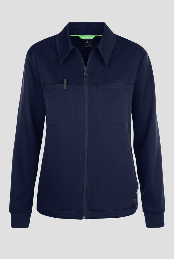 HH Works by Healing Hands Women's 7-Pocket STRETCH Shirt Collar Zip Front Scrub Jacket - Navy - 1