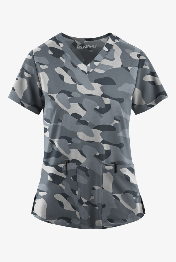 Easy STRETCH Cloud Camo Pewter Women's 2-Pocket Mitered V-Neck Print Scrub Top - null - 1