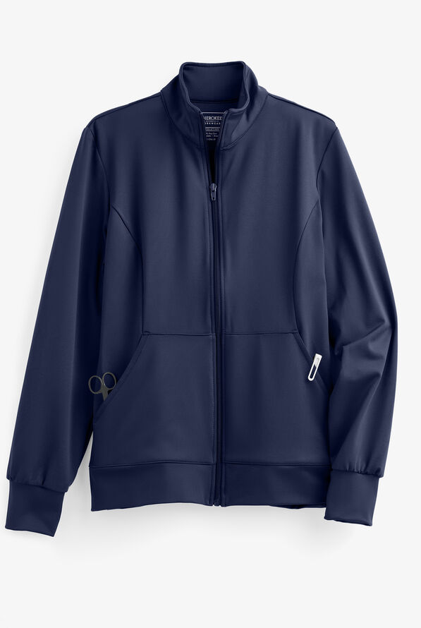 Cherokee Workwear Revolution Women's 3-Pocket STRETCH Fleece Inner Zip Front Scrub Jacket - Navy - 1