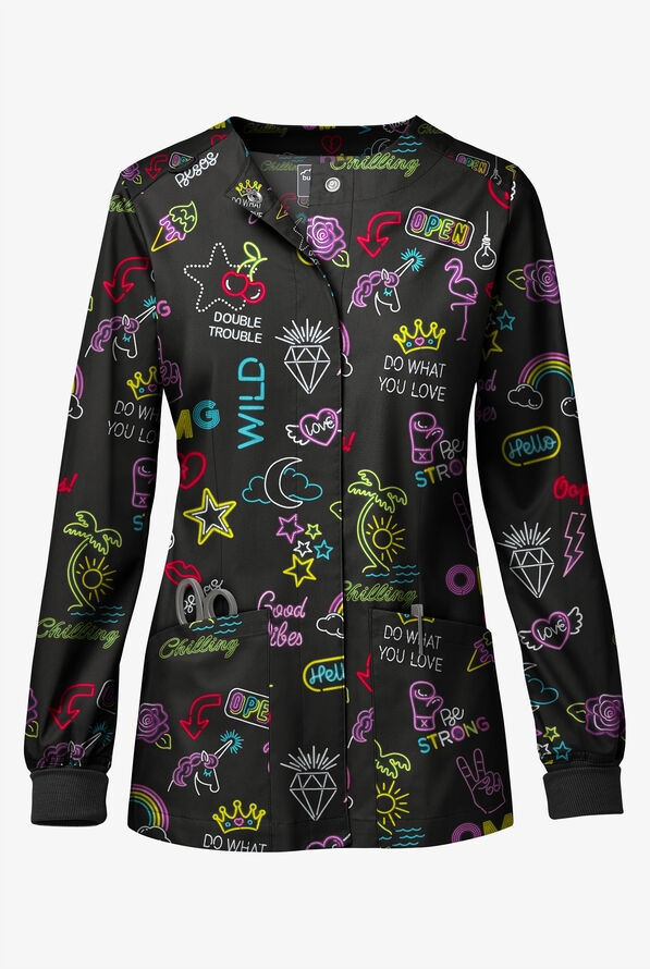 Butter-Soft STRETCH Neon Vibes Black Women's Printed Long Sleeve Snap Front Jacket - null - 1
