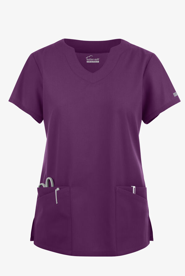 Blusa médica Butter-Soft Originals con cuello festoneado y 6 bolsillos para mujer - Eggplant - 1