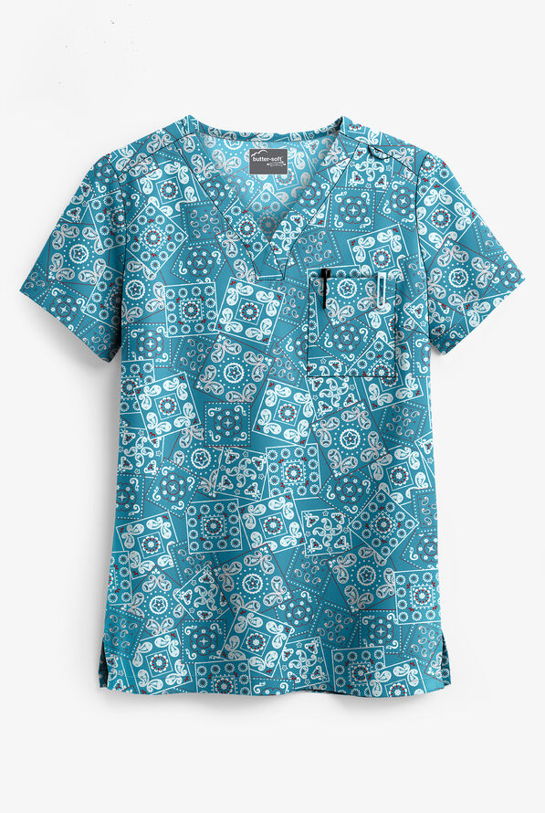 Butter-Soft STRETCH Bandana Paisley Women's 1-Pocket V-Neck Print Scrub Top - null - 1