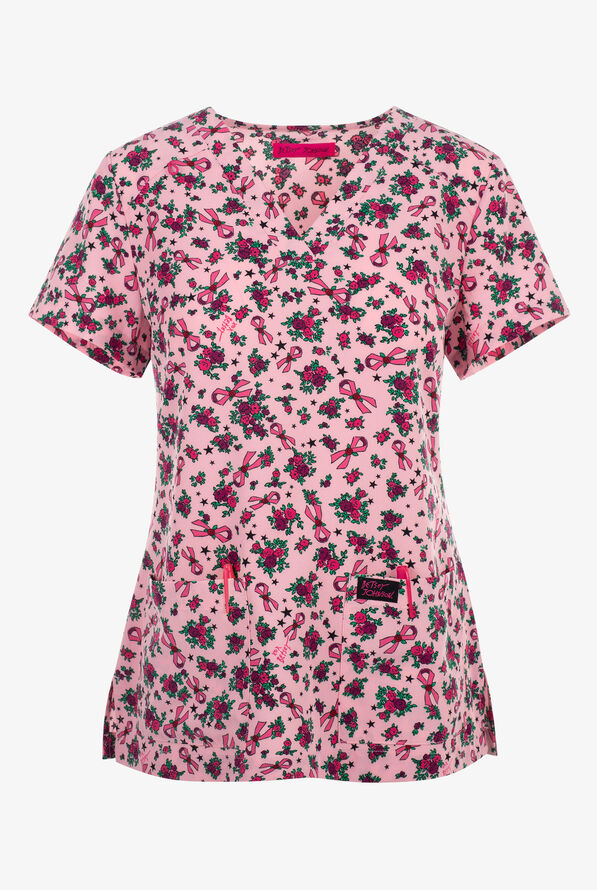 Betsey Johnson Awareness Starry Petals  Women's 2-Pocket STRETCH  V-Neck Print Scrub Top - null - 1
