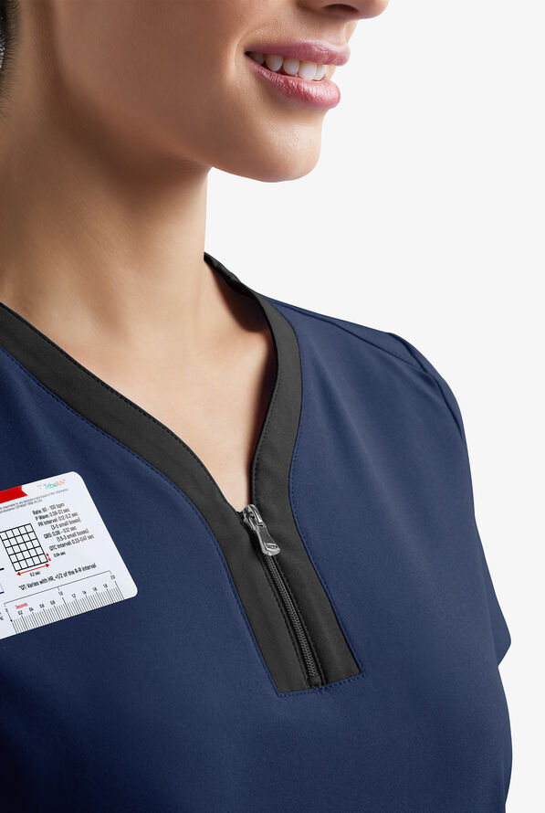 Easy STRETCH Lily Women's 4-Pocket Zip Neck Henley Scrub Top - Navy/Black - 6