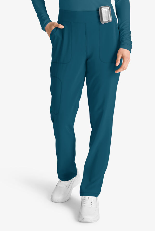 Cherokee Collection Women's 4-Pocket STRETCH Flat Front Rib-Knit Back Waist Cargo Scrub Pants - Caribbean Blue - 1
