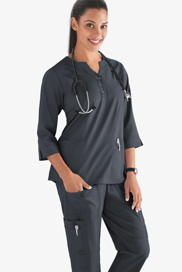 Butter-Soft STRETCH Women's 4-Pocket 3/4" Sleeve Round Neck Scrub Top - Pewter - 2
