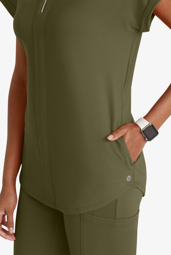 Barco One Performance Knit Engage Women's 2-Pocket STRETCH Dolman Sleeve Zip Neck Scrub Top - Olive - 2