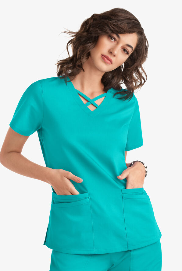 Blusa m&eacute;dica UA Butter-Soft STRETCH con lazos entrecruzados y 4 bolsillos para mujer - Bright Teal - 5