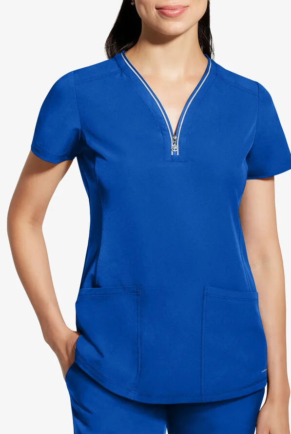 Healing Hands 360 Sonia Women's 3-Pocket STRETCH Reflective Y-Neck Zip Scrub Top - Royal - 2