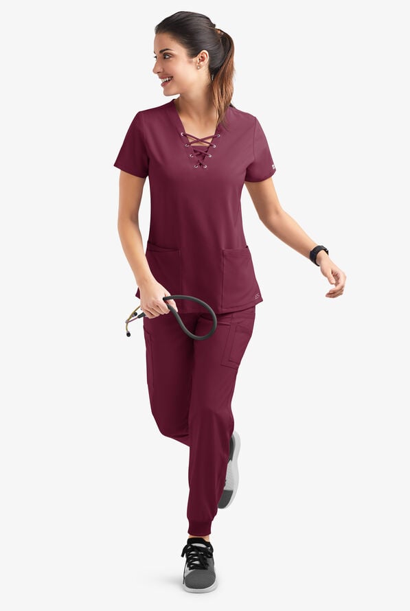 Easy STRETCH Gisele Women's 4-Pocket Lace Up V-Neck Scrub Top - Wine - 6