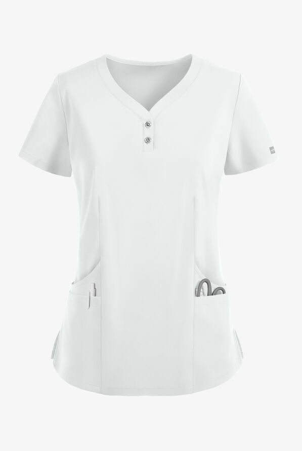 Easy STRETCH Demi Women's 4-Pocket Henley Scrub Top - White - 1