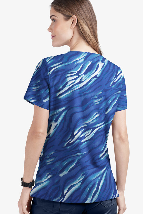  Butter-Soft STRETCH Wild Stripes Amparo Blue Women's 2-Pocket V-Neck Print Scrub Top - null - 2