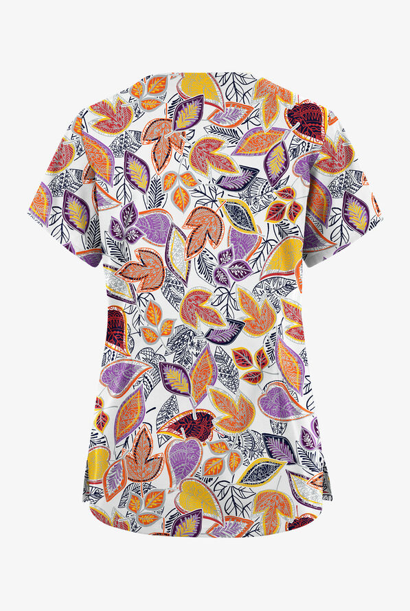 Butter-Soft Originals Filigree Leaves Women's 6-Pocket Scallop Neck Print Scrub Top - null - 2