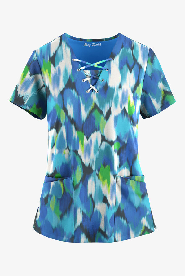 Blusa médica estampada Easy Stretch Love Garden Pewter con cordones en el cuello en V y 4 bolsillos para mujer - null - 1