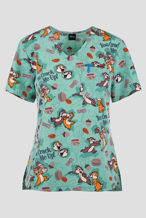 Tooniforms Disney's Crack Me Up Women's 1-Pocket STRETCH V-Neck Print Scrub Top - null - 1