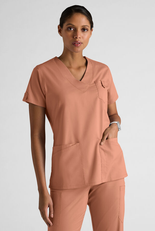 Butter-Soft STRETCH Women's 6-Pocket V-Neck Scrub Top - Terracotta - 1