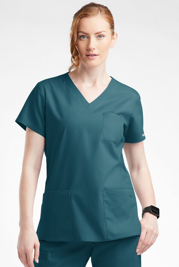 Blusa médica Butter-Soft Originals con cuello en V curvo y 7 bolsillos para mujer - Caribbean Blue - 2